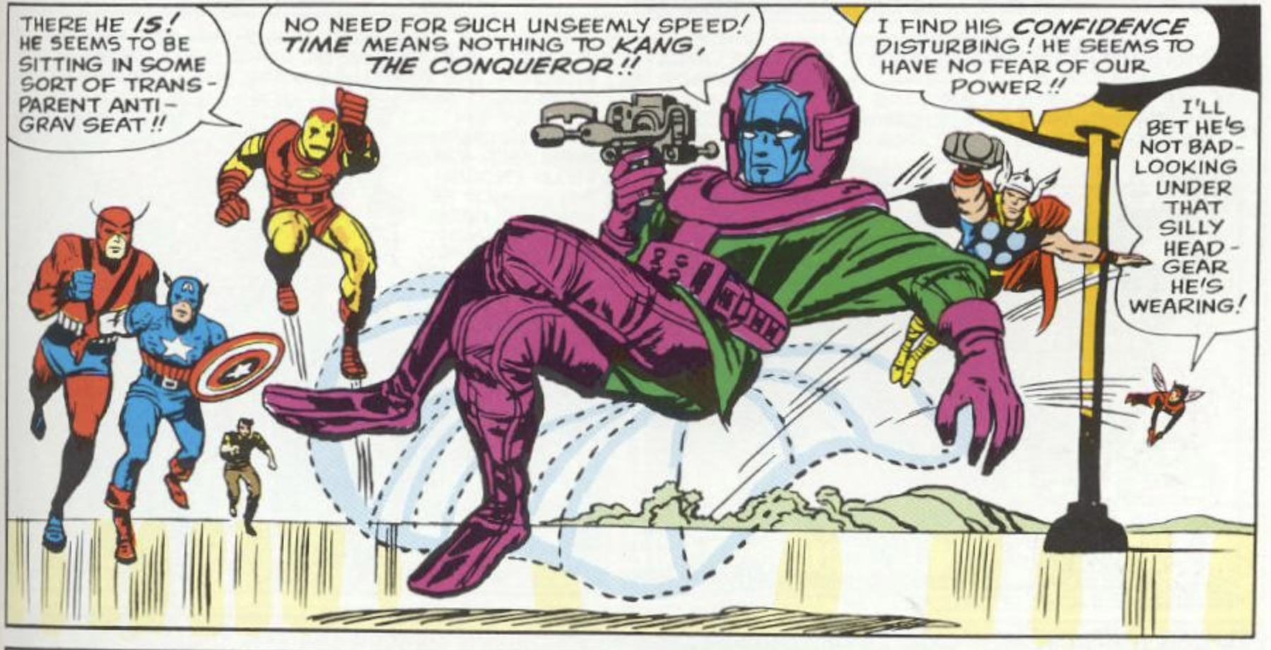 Kang the Conqueror, in a purple futuristic suit, reclining on an invisible chair while the Avengers run up to try to stop him.