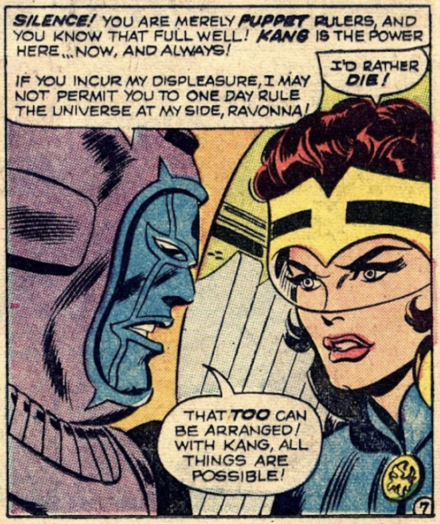 Kang the Conqueror threatening a woman from the 31st century named Ravonna.