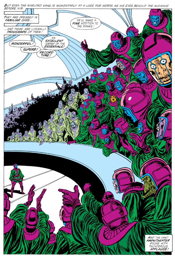 Kang Prime in an aphitheater full of other Kangs. It's like a Council of Ricks thing from Rick and Morty but with Kang.