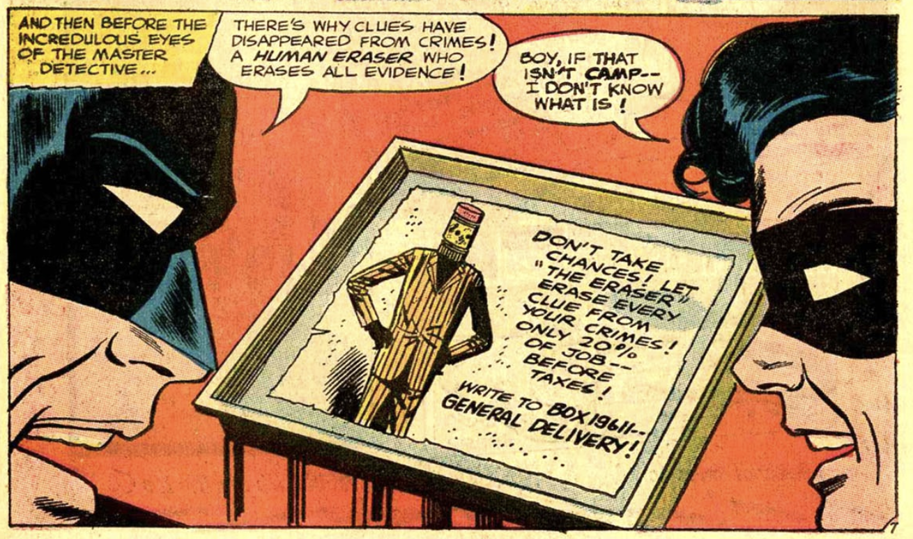 Batman and Robin looking at an advertisement for the Eraser's services that reads "Don't take Chances! Let 'The Eraser' erase every clue from your crimes! Only 20% of job -- before taxes! Write to box 19611 -- general delivery!"