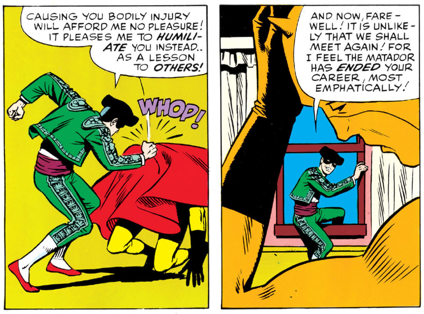 The Matador throwing a blanket over Daredevil's head and "WHOP-ing" him on the head before climbing out the window.