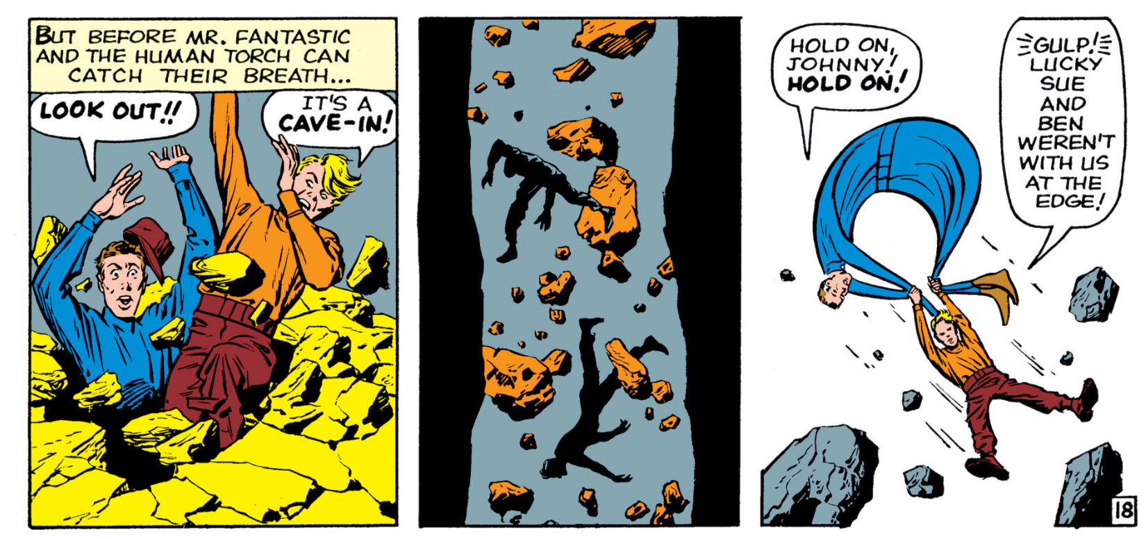 Johnny Storm and Reed Richards falling through a hole and Johnny using Reed as a parachute.
