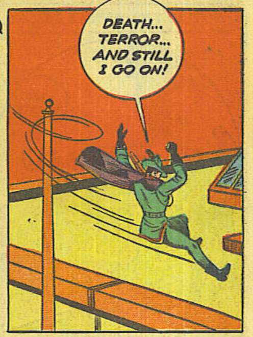 The Dark Archer jumping onto a rooftop saying the caption.