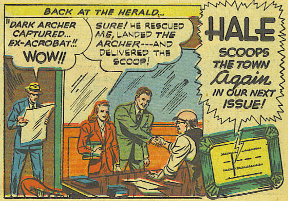 The final panel, where Vicky is saying that Hale rescued her and delivered the scoop while Hale shakes the editor's hand.