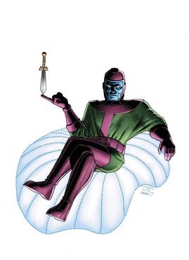 Kang the Conqueror sitting on his invisible bean bag chair balancing a knife on his outstretched finger. The knife is point down.