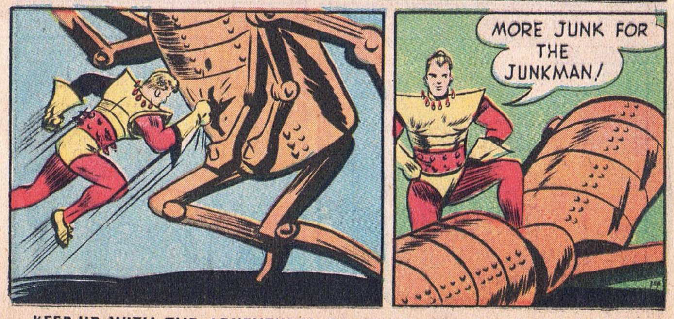Power Nelson punching a robot in one panel. On the other he stands with a foot on it like it's a prize kill saying "More junk for the junkman!"